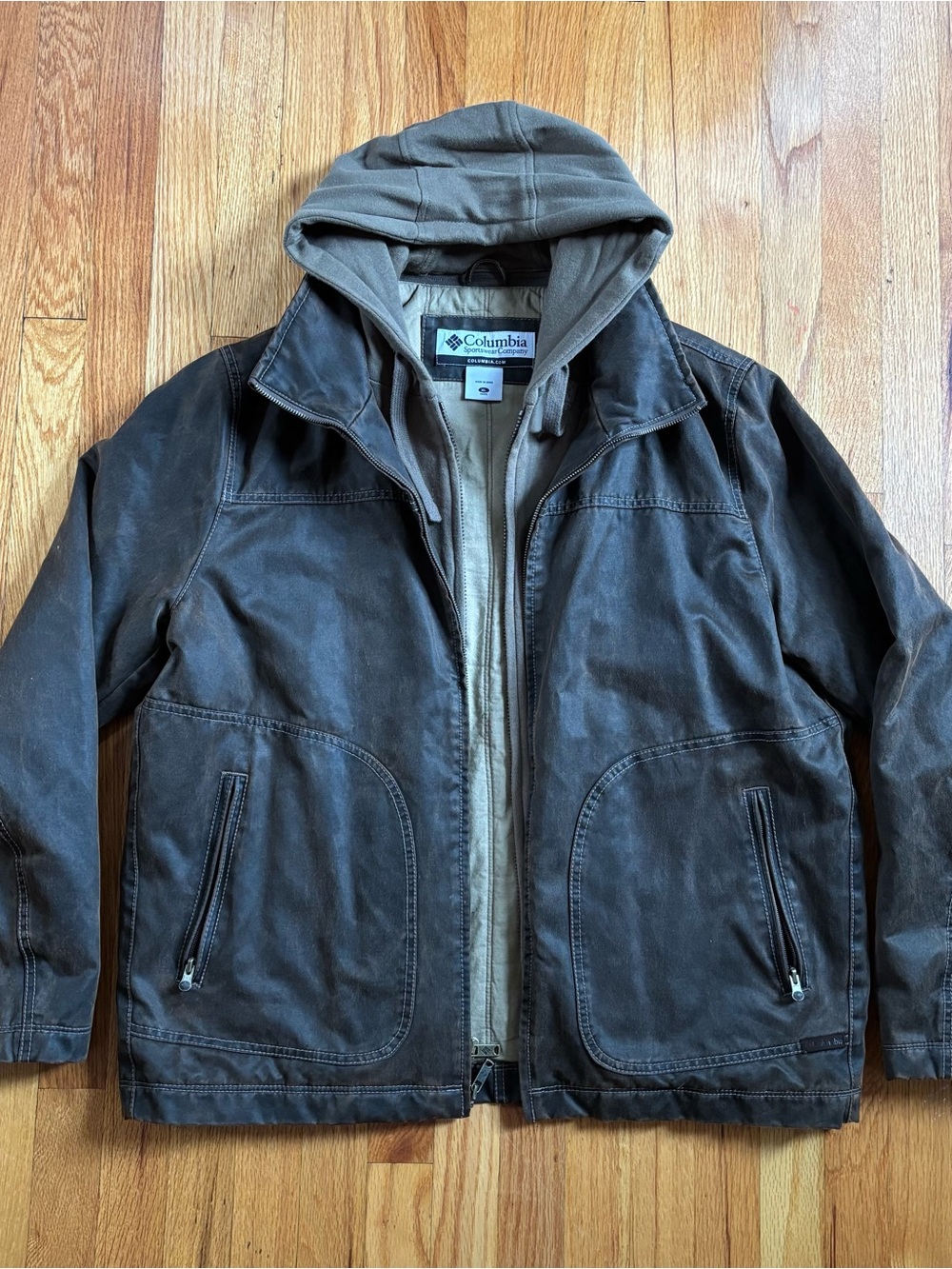 Columbia Men's Dark Brown Waxed Jacket with Removable Hooded Bib XL